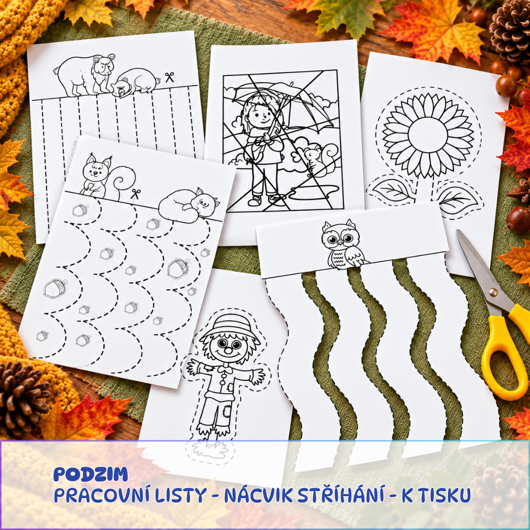 Nácvik stříhání - podzimní pracovní listy pro děti