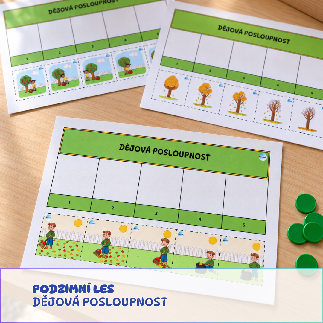 podzimní les dějová posloupnost, pracovní listy pro děti