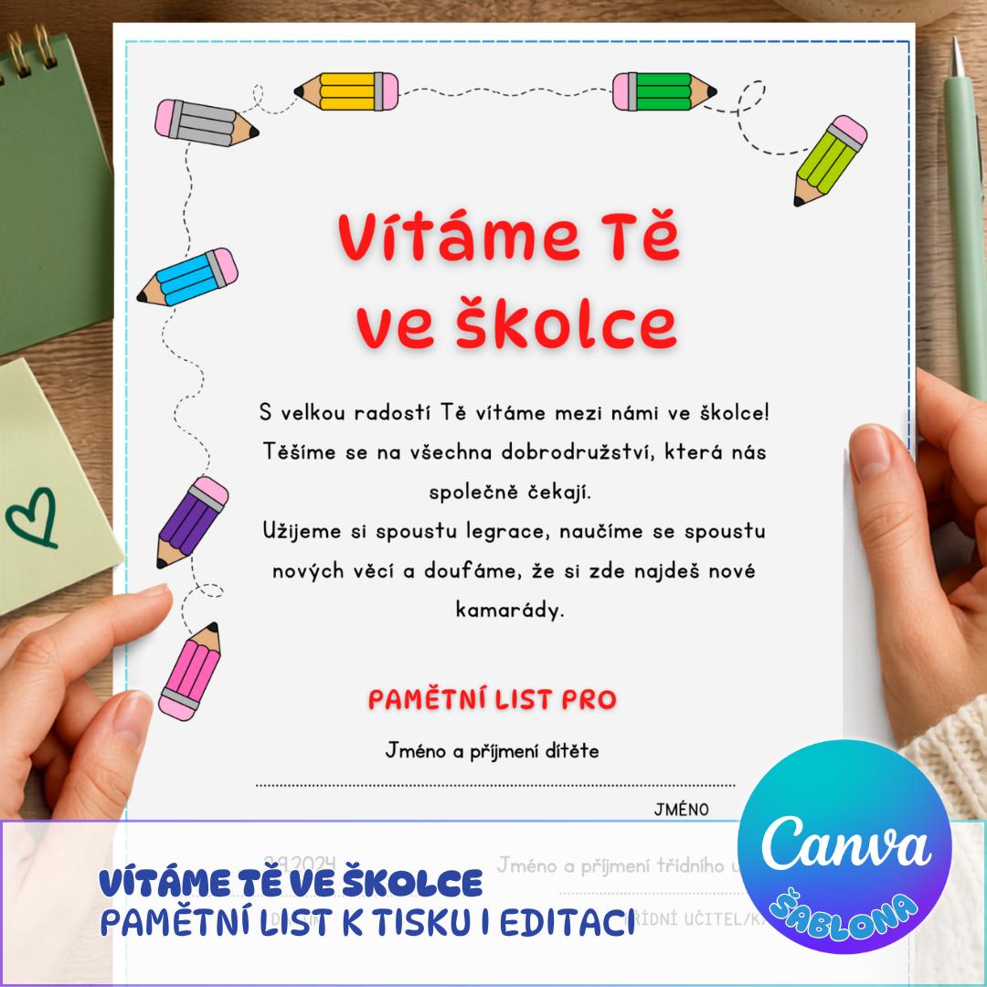 editovatelná šablona canva a pamětní list vítáme tě ve školce k tisku