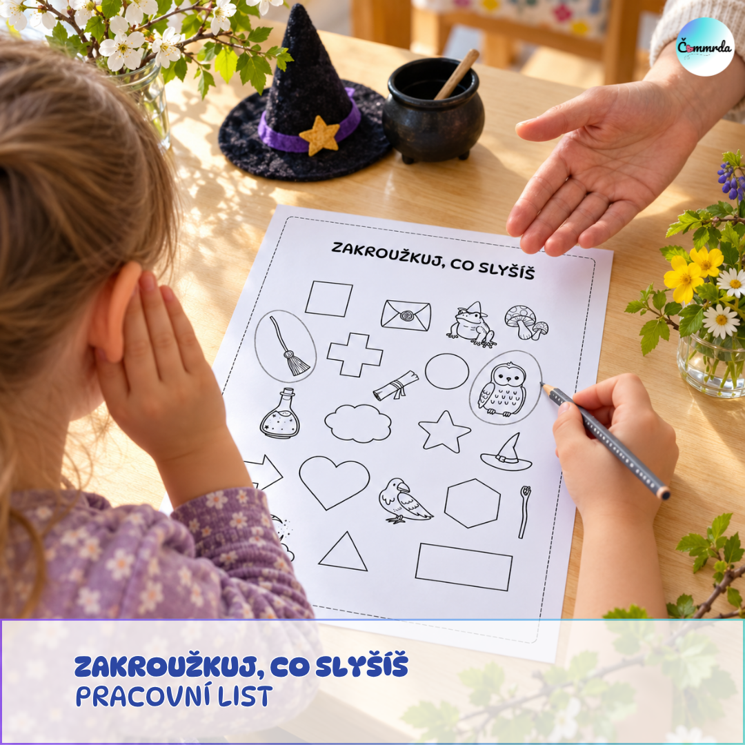 Zakroužkuj co slyšíš - pracovní list čarodějnice
