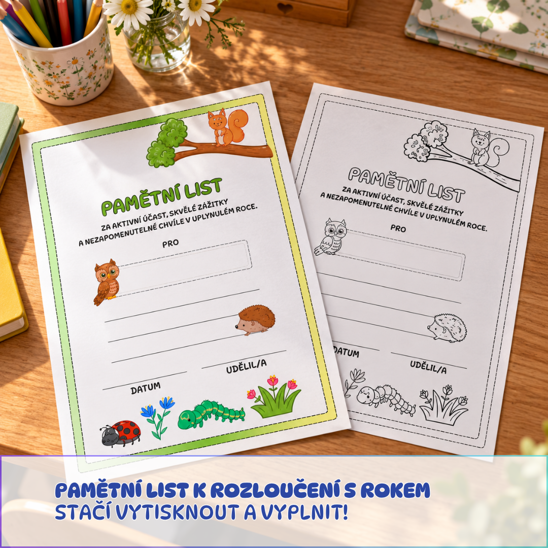 pamětní list na konec školního roku pro děti mš